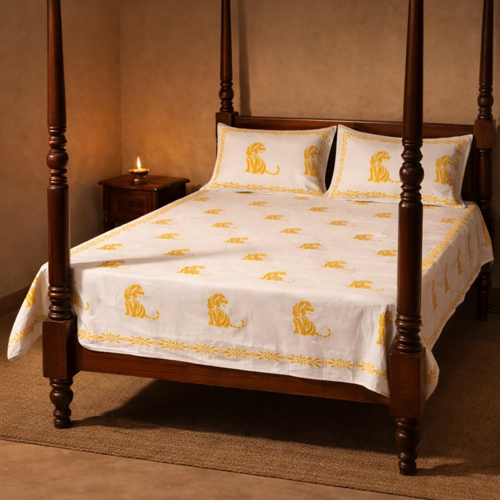 Beautiful White and Yellow Lion Cotton Double Bed Bedsheet Soft, Breathable, Lightweight, and Easy-Care Fabric with 2 Pillow Covers (White & Yellow, Hand Block Tiger)