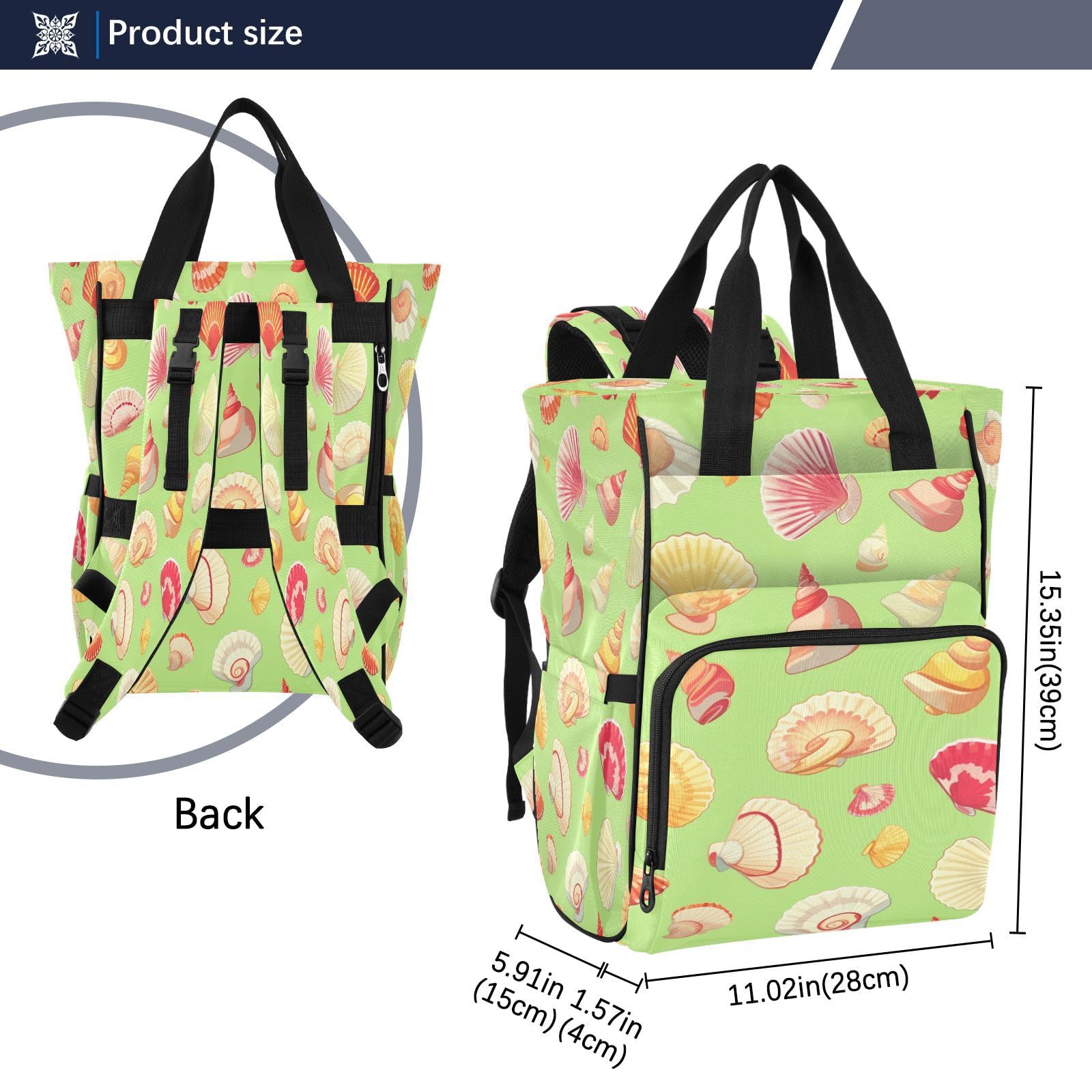 Conchiglia Verde Colorato Estate Borsa per Pannolini Zaino Grande Capacità Borsa Mamma per Viaggia All'aperto