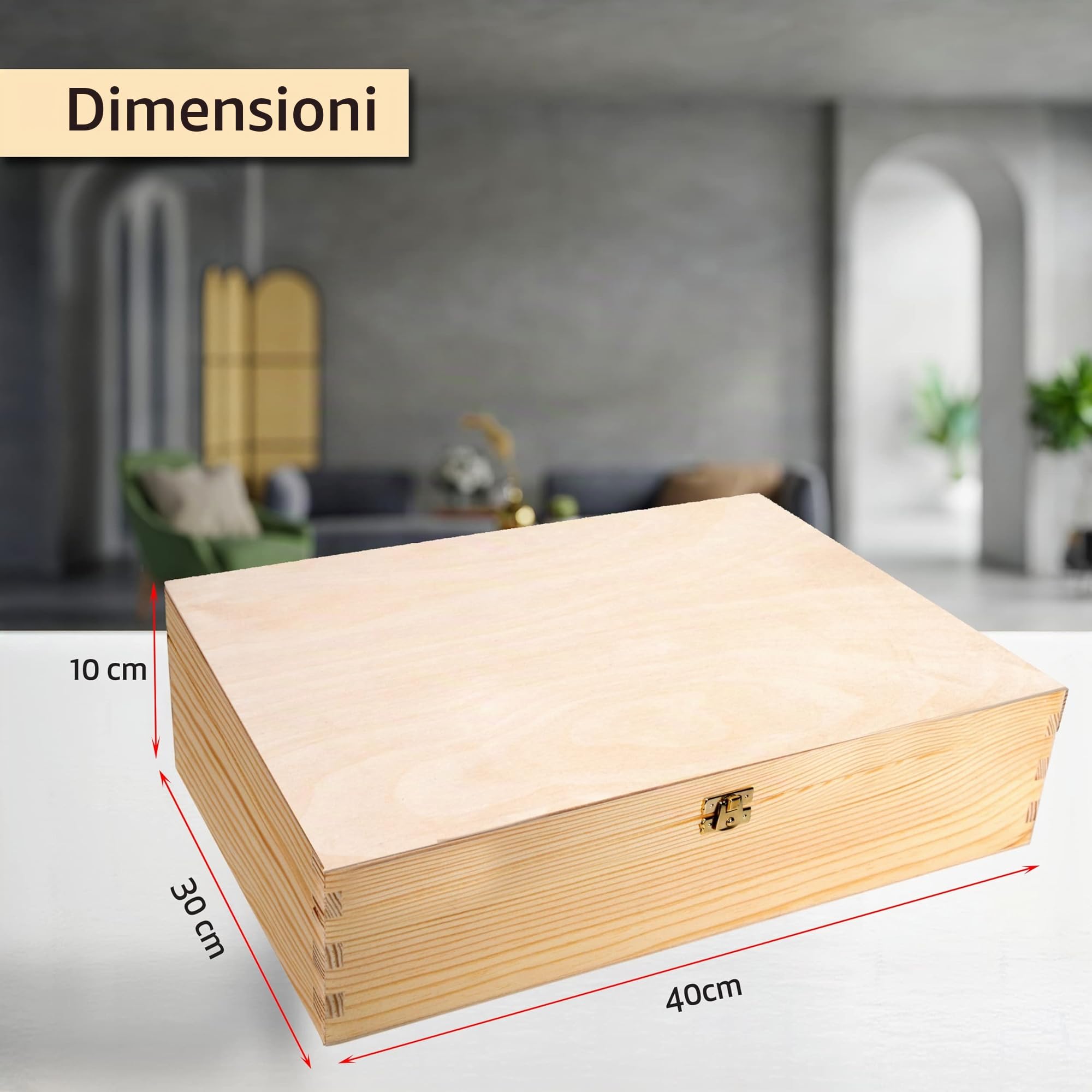 Scatola di legno con coperchio, portaoggetti, decorativa, per artigianati e come confezione per regali, 40 x 30 x 10 cm, in legno naturale