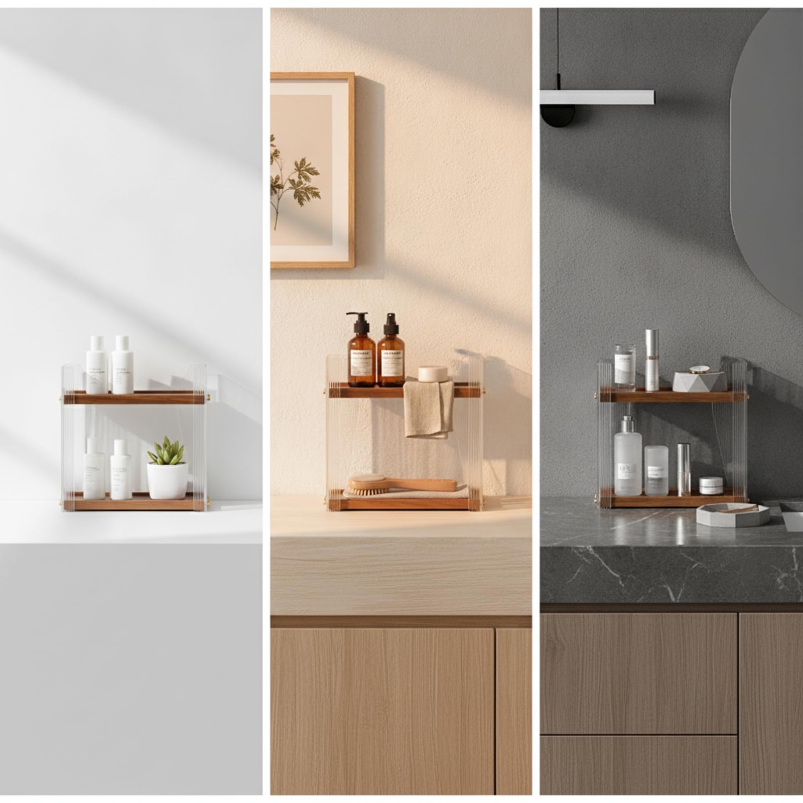 Baoblaze Estante para Cosméticos Organizador de Maquillaje Repisa de Tocador Estantería de Escritorio de Doble Nivel con Madera y Acrílico Transparente Orden y, Grande