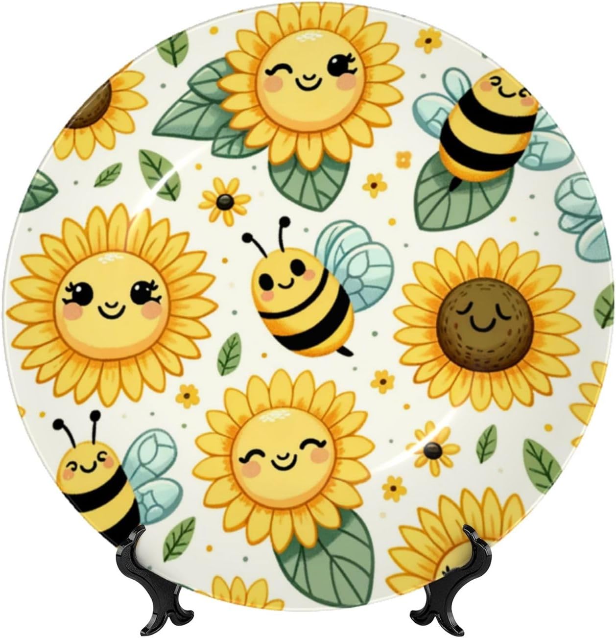 Sunflower-Bee-Funny 10 Inch Decorative Plate With Stand, Elegant Display Wall Plate For Home Decor