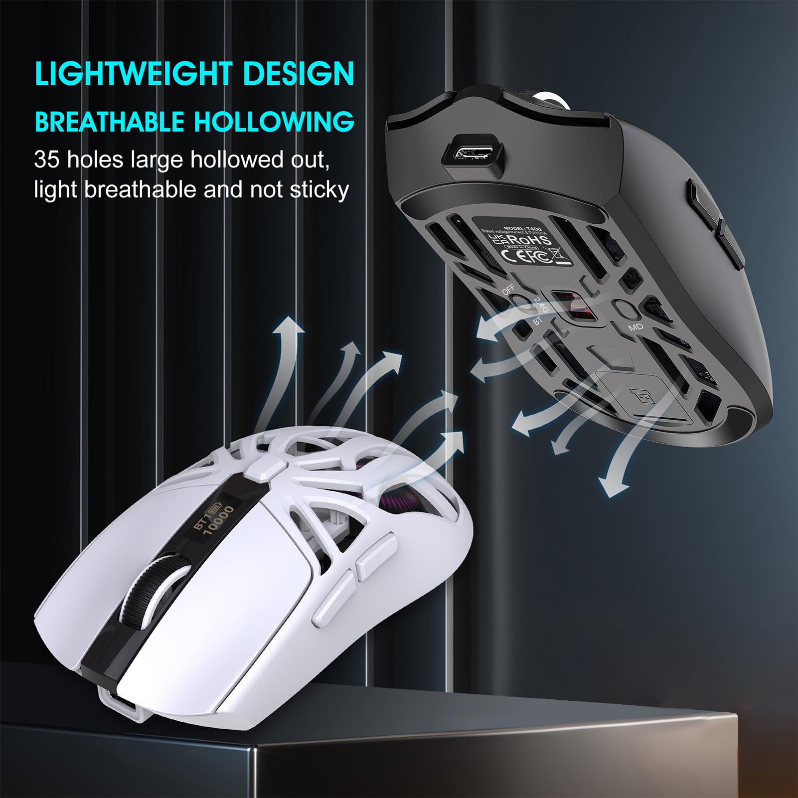 Ratón Gaming Inalámbrico Tri-Modo 2.4G/BT5.3/Cable, Luz Intermitente de 7 Colores 10000DPI Programable, Recargable Batería 500mAh, Ligero 75g para PC Portátil Mac