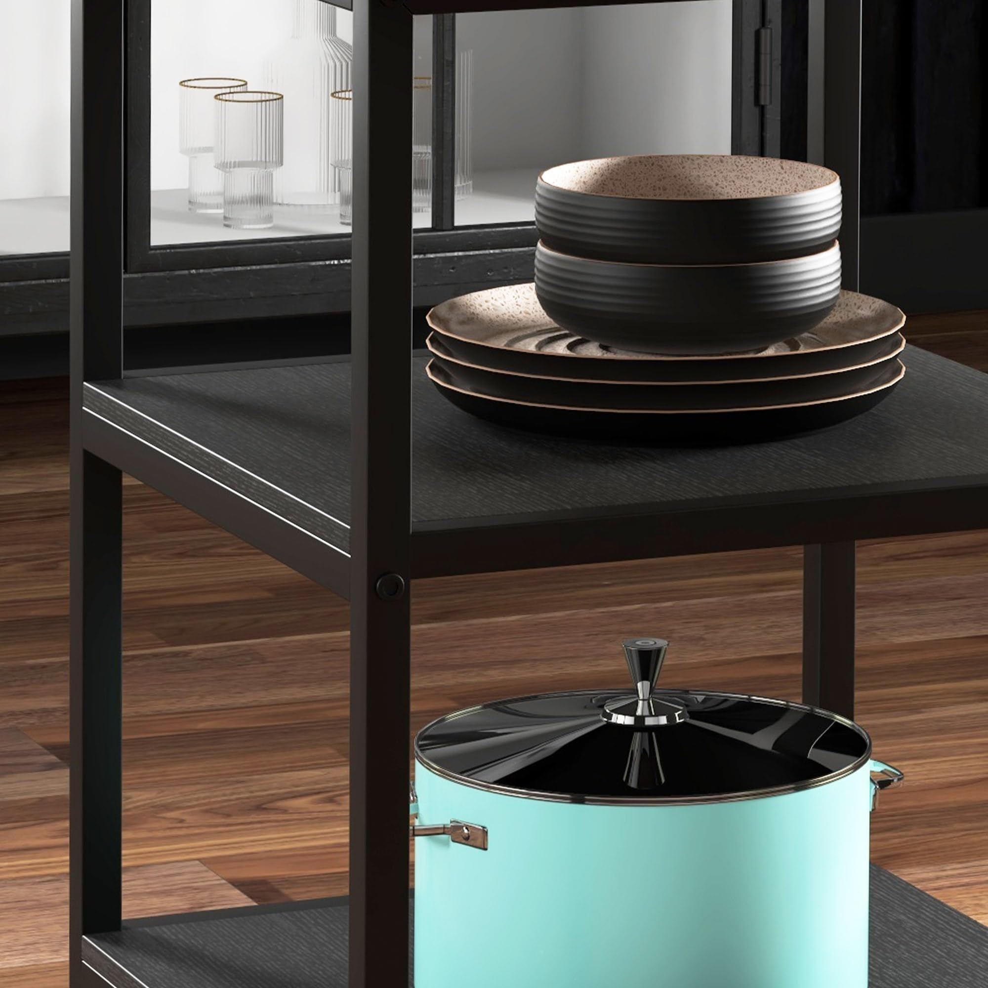 HOMCOM Tavolo Stile Industriale per 4-6 Persone Ø100x76 cm Nero e Marrone | 2 Ripiani Integrati, Tavolo Rotondo da Pranzo Multiuso, Acciaio e MDF