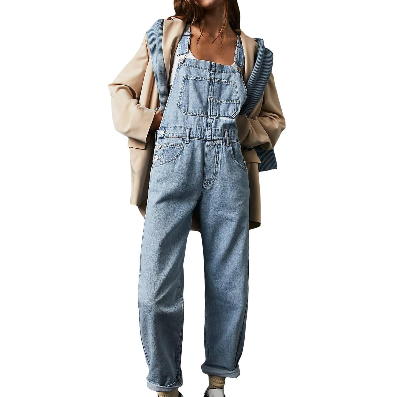 Damskie Jeansowe Ogrodniczki Wiosna Lato Baggy Proste Długie Dżinsy Ogrodniczki Casual Denim Romper dla Kobiet Luźny Kombinezon z Kieszeniami Ogólnie Rzecz Biorąc Spodnie Dżinsowe