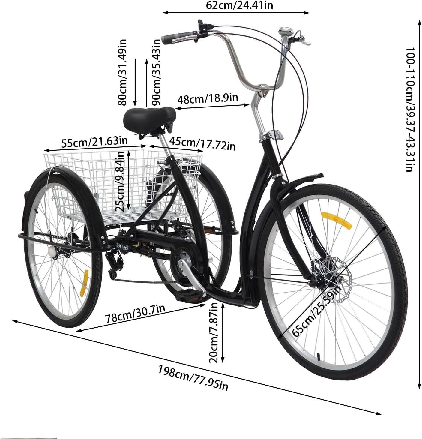 26 Zoll-Dreirad Für Erwachsene, 6 Gang Dreirad Mit Einkaufskorb, 3 Rad Fahrrad Dreirad Für Erwachsene, City Bikes, Schwarz 26inch