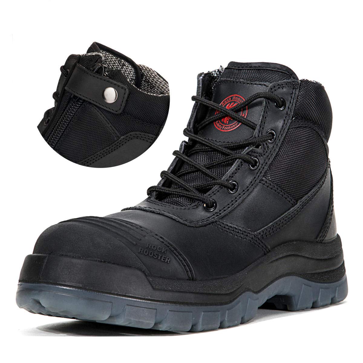 ROCKROOSTERMen's Side Zip Work Boots, 5" Steel Toe Lace Up Safety Boots, Static Disspative, Water Resistant, YKK Zipper, Coolmax, Non-slip, Breathable, Comfort(AK050 & AK050BK)
