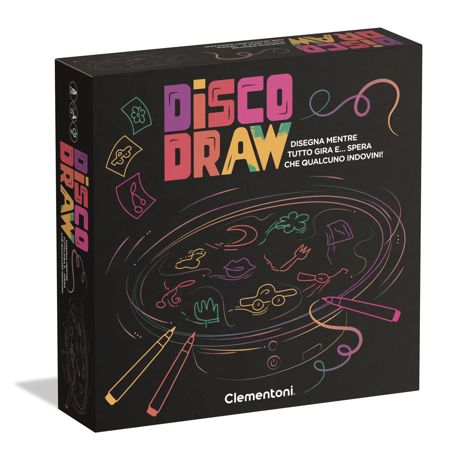 Clementoni - Disco Draw, Gioco da Tavolo Party Game a Tema Disegno con Lavagna Girevole e Sfide Creative, Perfetto per le Serate fra Amici, Lingua Italiana, 16704