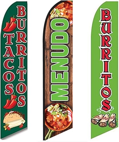 3 Banderas Swooper Bienvenidos Comida Mexicana VENTA Tacos Burritos & Menudo Abierto
