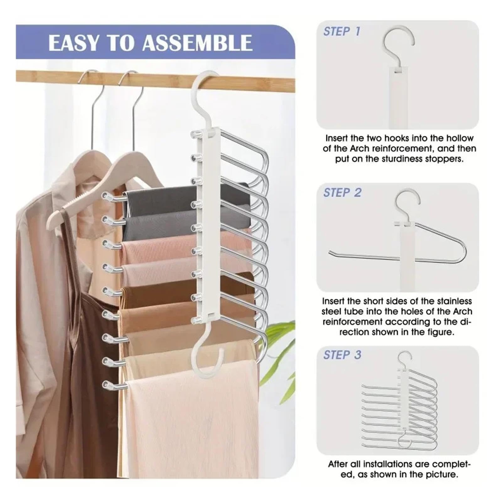 9-stufiger, Rutschfester Hosenbügel aus Edelstahl, platzsparend, mehrlagig, for die Organisation von Jeans, Leggings, Röcken im Schrank(White)