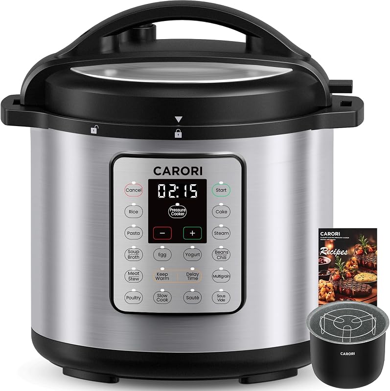 CARORI Olla a presión eléctrica 12 en 1 de 1200 W, 8 cuartos, olla a presión de acero inoxidable, olla arrocera de cocción lenta, salteado al vapor, yogurtera, calentador y esterilizador con receta, diseño de ventilación más seguro, plateado
