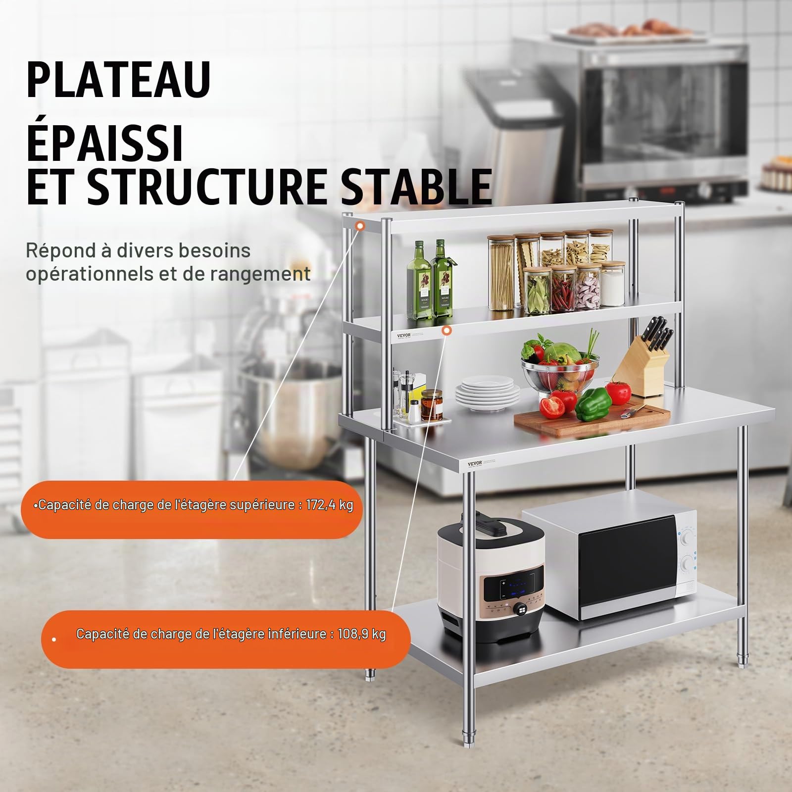 VEVOR Table de Travail en Acier Inoxydable, Étagère à Deux Niveaux 30,5 x 121,9 x 60 cm, Table de Préparation des Aliments à Hauteur Réglable, pour Cuisine, Restaurant et Atelier