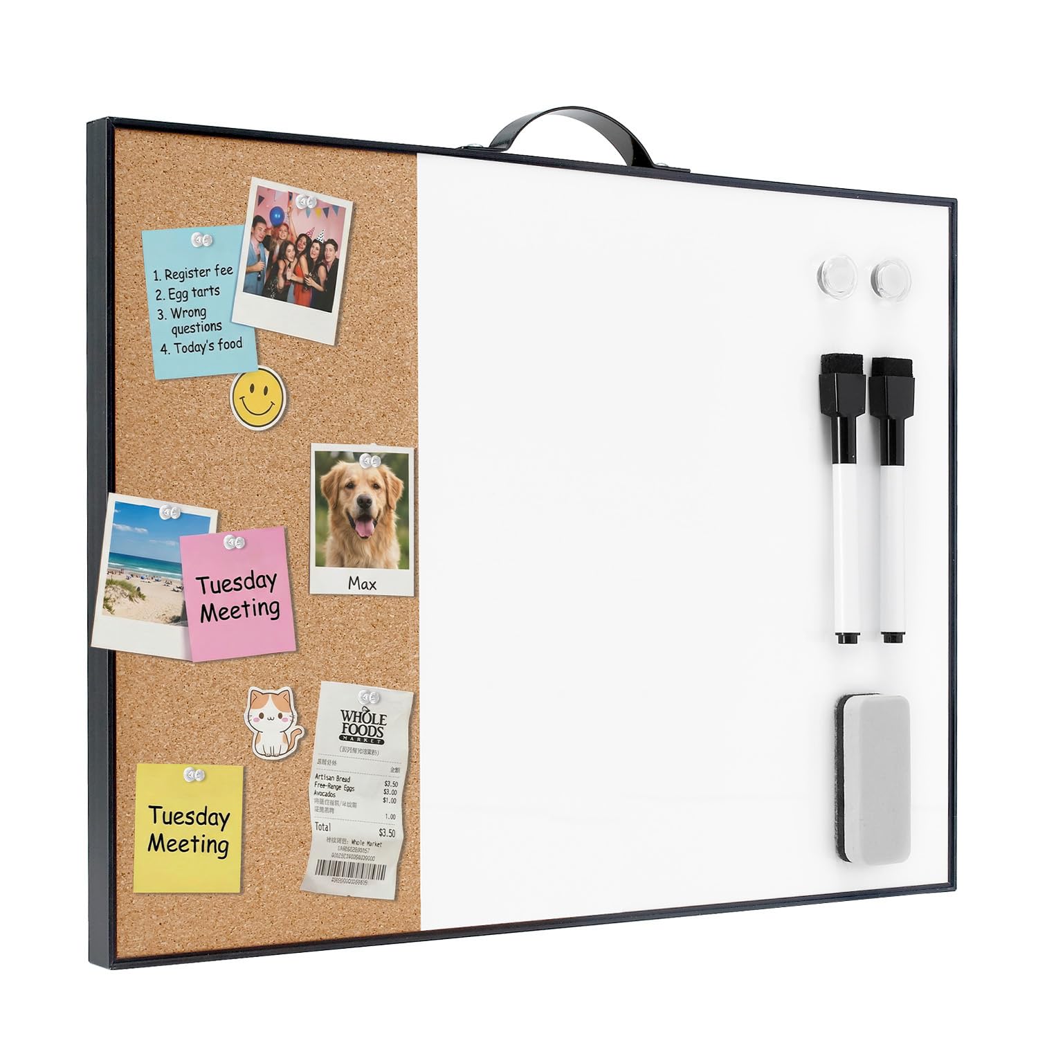 Small Cork Board Whiteboard Combo - 12" X 16" Portable Aluminum Black Framed Magnetic Dry Erase Board for Wall, Mini Bulletin CorkBoard with a Handle for Office, Home and School