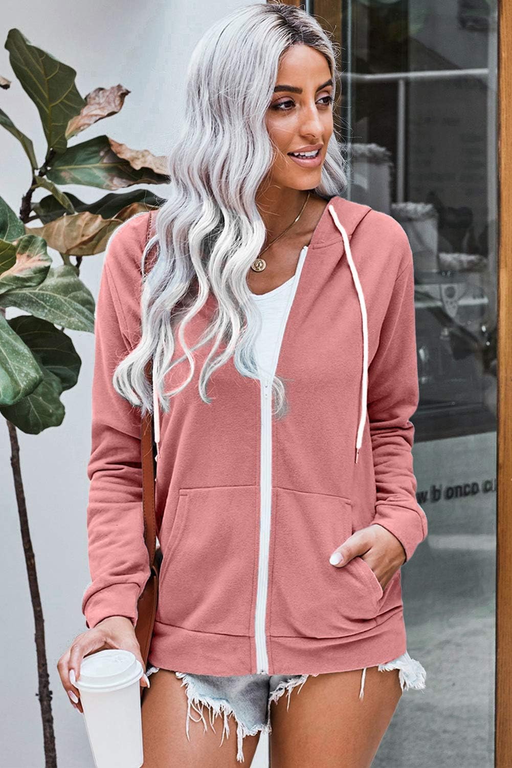 WROLEM Women Casual Full Zip Up Hoodie Comfy Loose Long Sleeve Sweatshirt Solid Color Jacket with Pockets