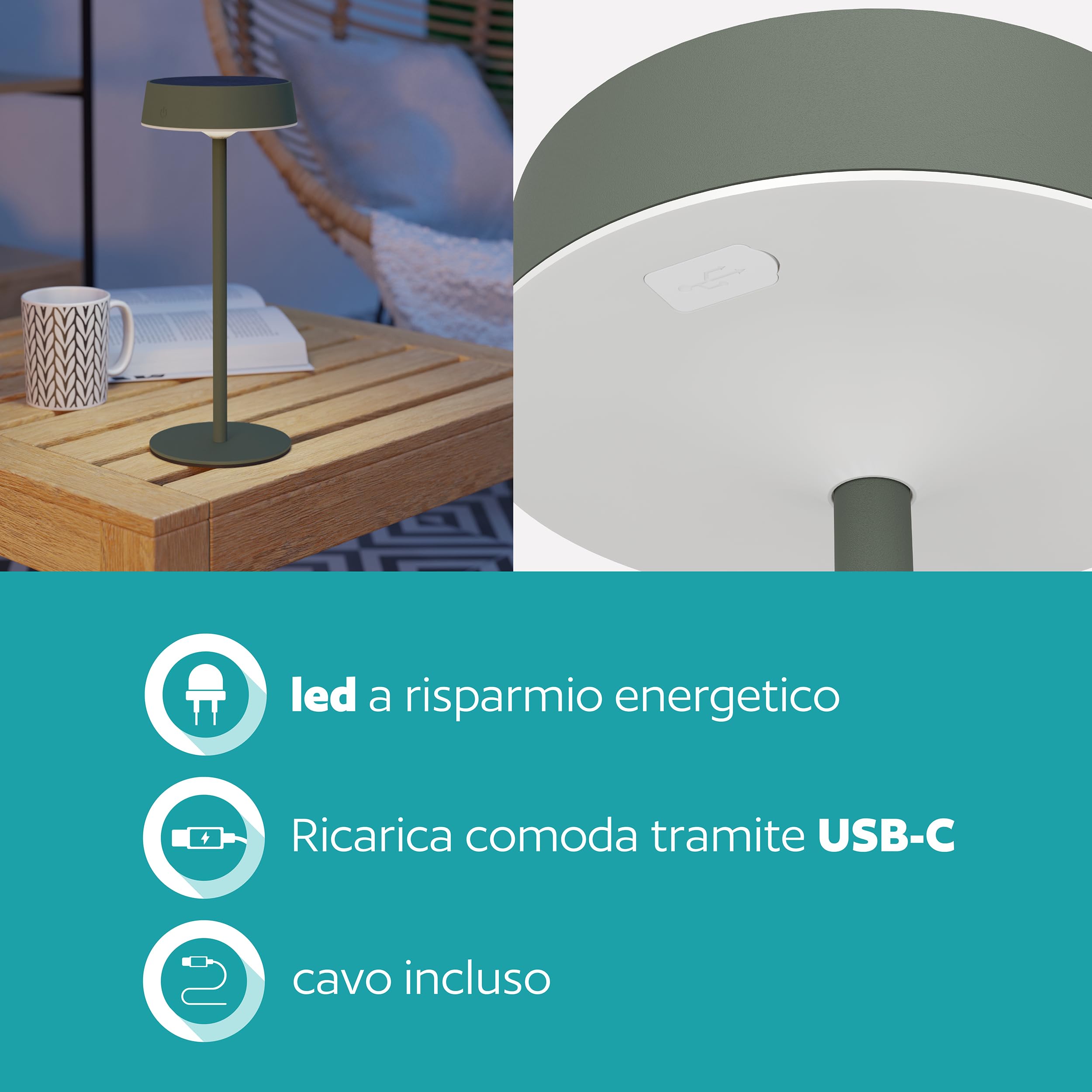 Eglo Lampada solare da tavolo a LED per esterni, a batteria, senza fili, touch, dimmerabile, in metallo verde, colore luce: bianco caldo/bianco neutro/bianco freddo, IP54