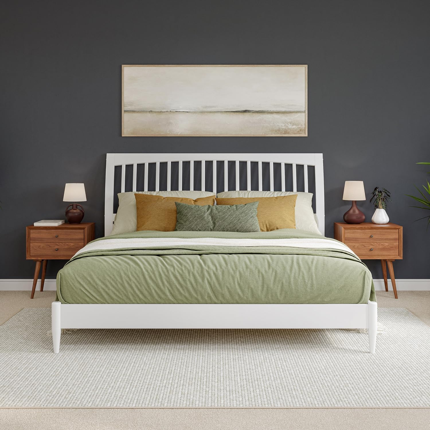 HomeStock King Solid Wood Low Profile Sleigh Platform Bed in White