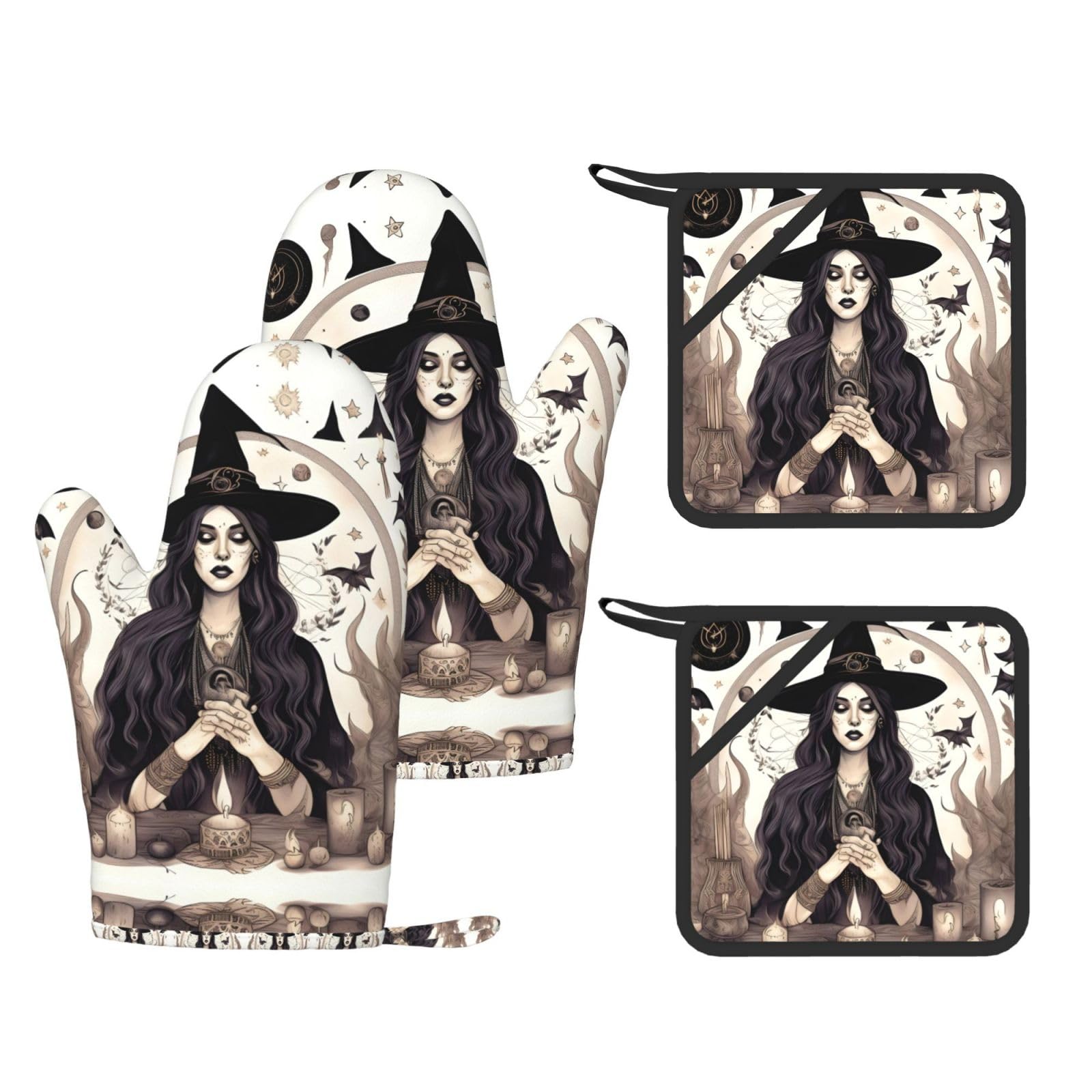 Magic Witch Witchcraft Bohemian Drawing Printed Kitchen Set with Heat Resistant Oven Gloves & Non-Slip Pot Holders for Daily Cooking