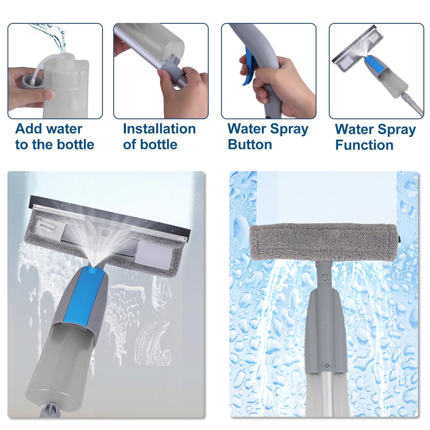 Herramienta Limpiacristales con Rociador, Kit de Limpieza 3 en 1 con Poste de Extensión, Rasqueta de Cristal Profesional de 190cm con 3 Paños de Microfibra para Automóviles y Ventanas Exteriores Altas