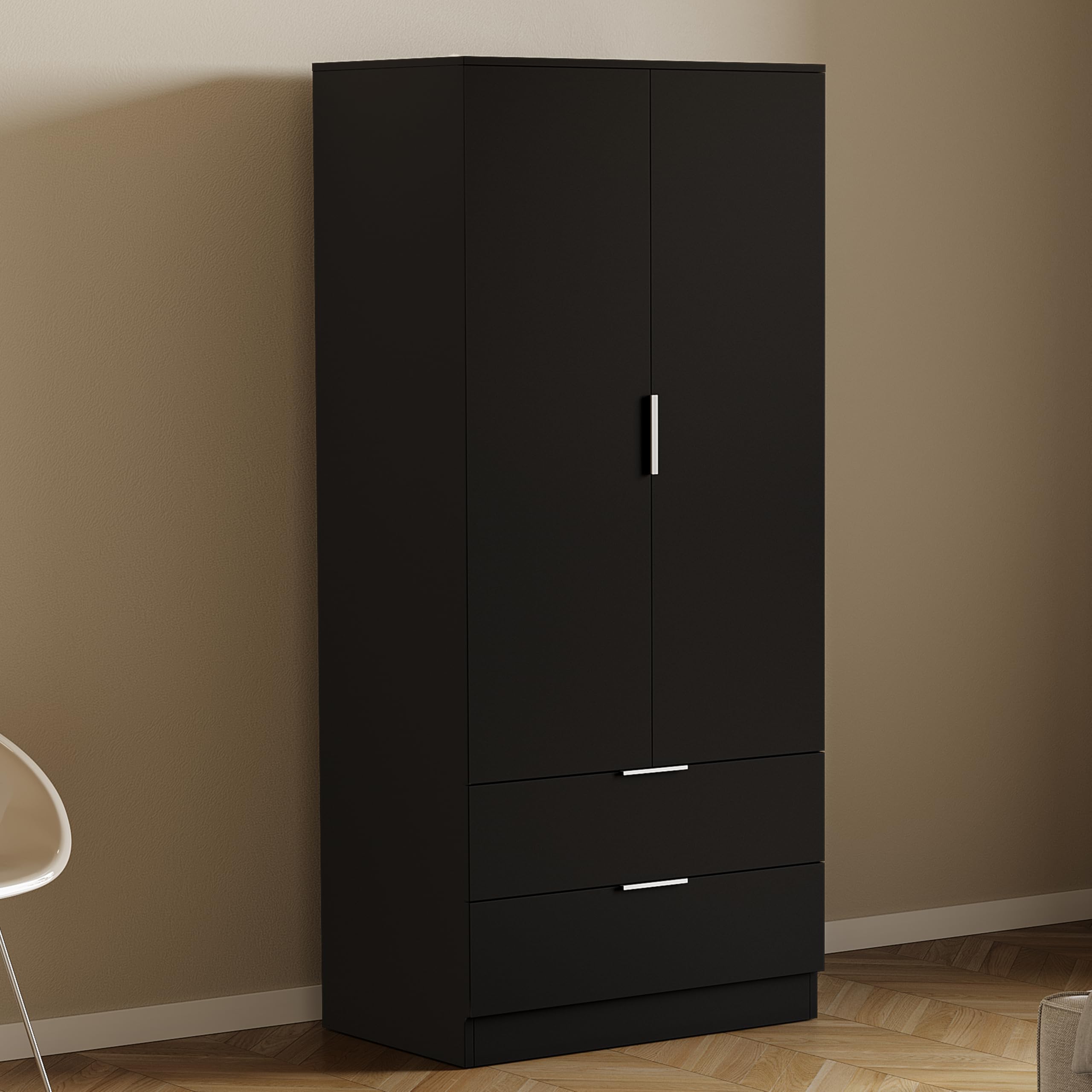 Vida Designs Trega 2 Door 2 Drawer Wardrobe Black - Space-Saving Bedroom Storage Unit - 170H x 76W x 53D cm - Engineered Wood - Hanging Rail, Shelves, Glide Drawers - Ideal for Bedroom & Living Space