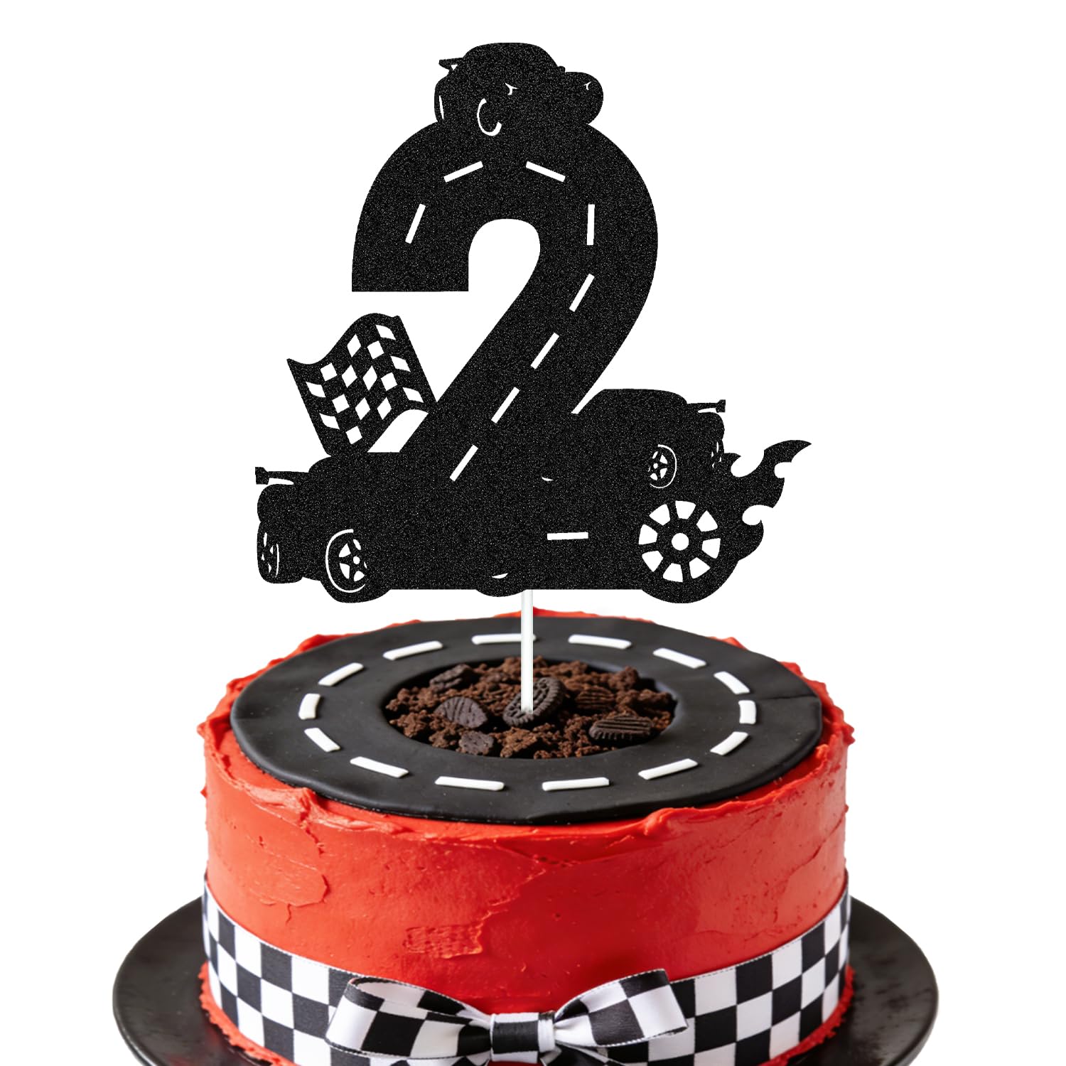 Decorazione Per Torta 2° Compleanno: Torta Con Macchina Da Corsa E Bandiera A Scacchi – Topper In Cartoncino Glitterato
