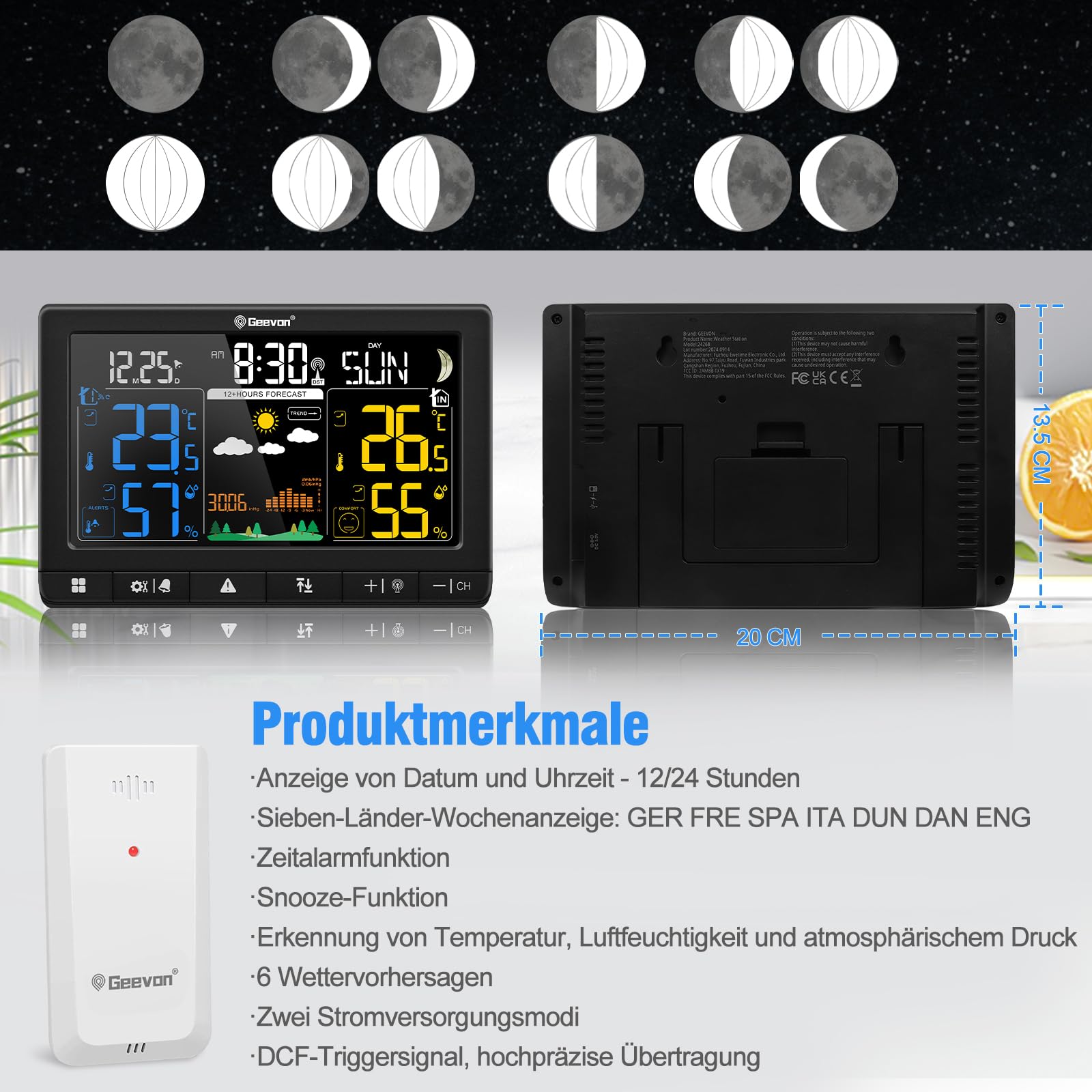 Geevon DCF Draadloos weerstation met buitensensor, weerstations, binnen- en buitentemperatuur, draadloos met weersvoorspelling, digitale thermometer, hygrometer (303 met batterij