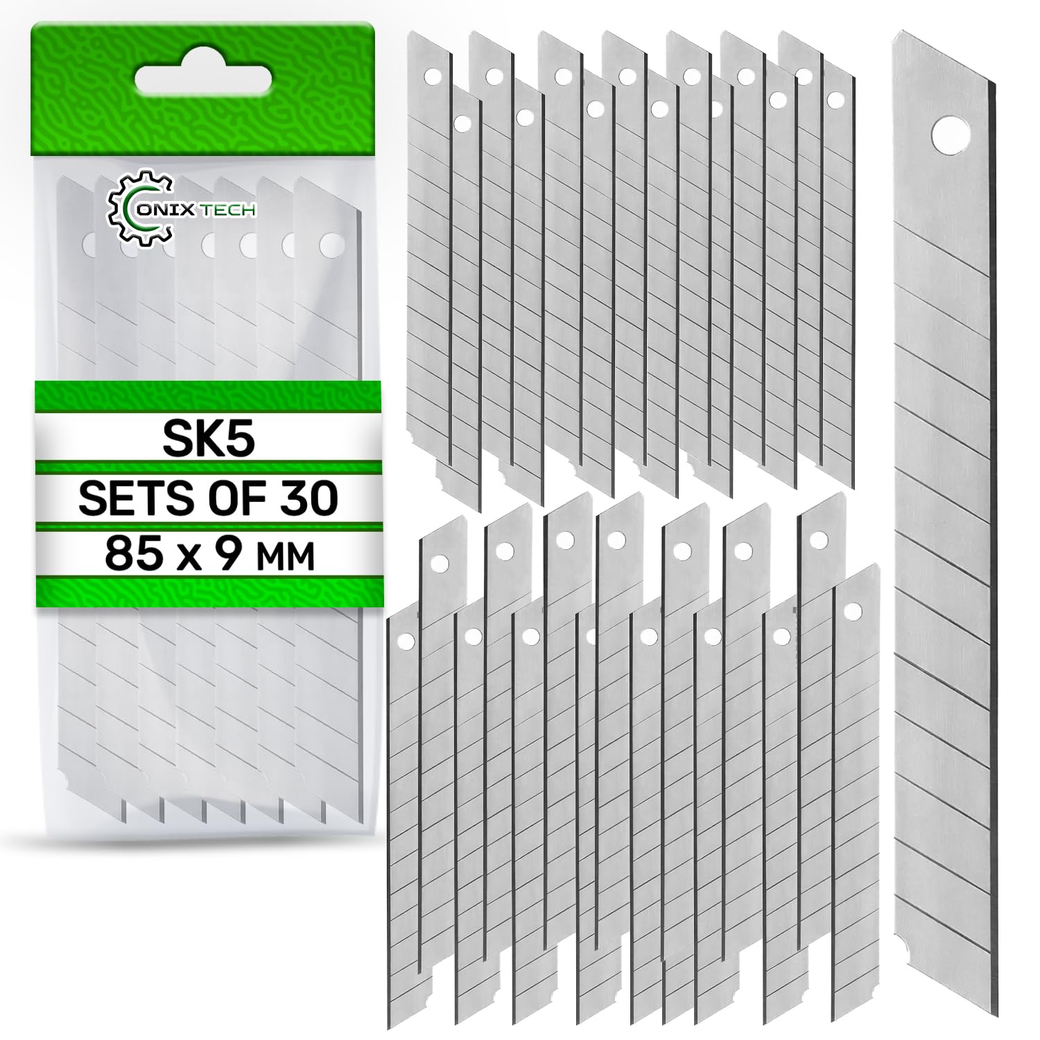 30 Piezas Cuchillas Cutter 9 mm - Cuchillas para Cutter Está Fabricada con Acero para Muelles SK5 - Embalado en Una Práctica Caja de Plástico - ONIX TECH