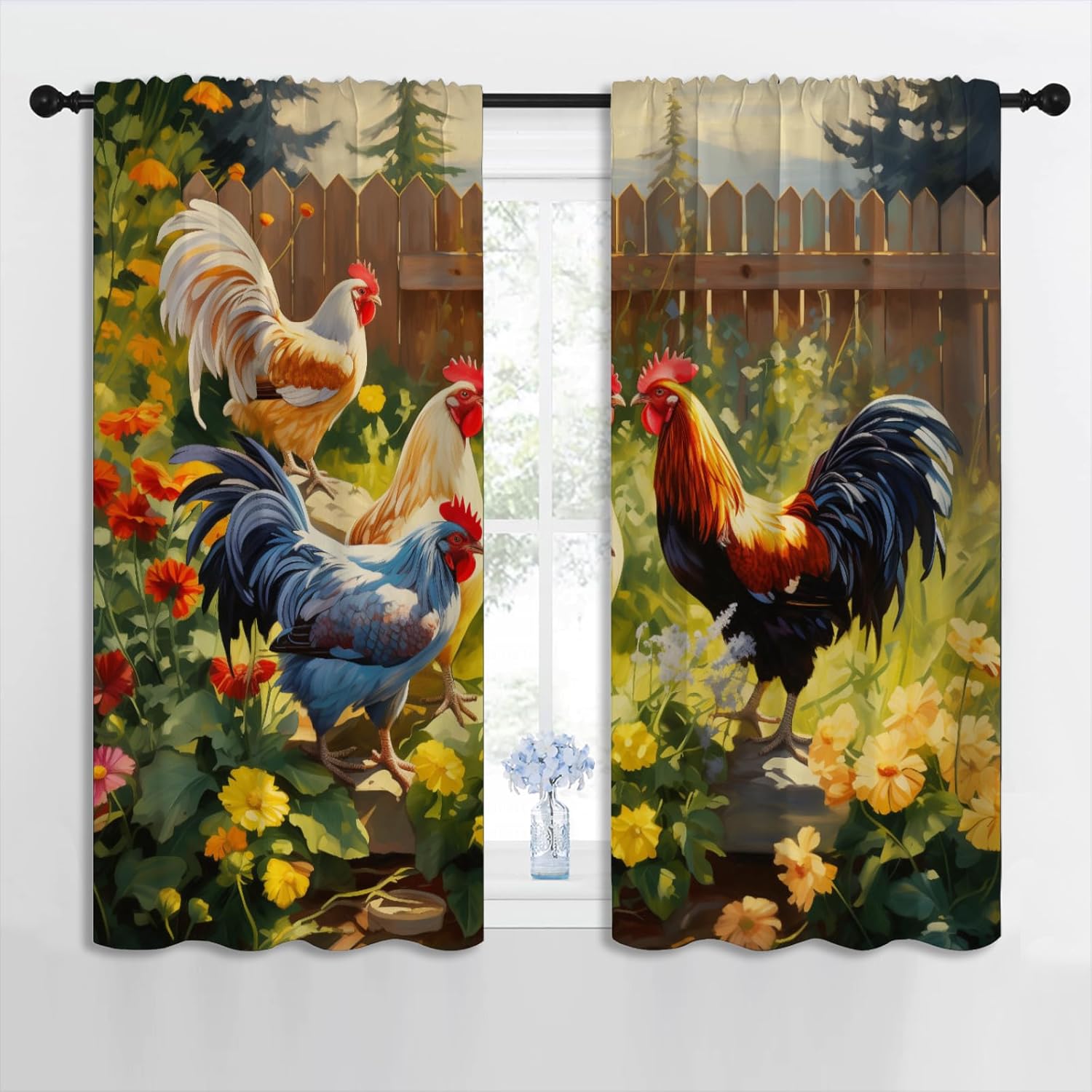 Chicken Blackout Curtains for Boys Girl Bedroom Home Decor, Rustic Farmhouse Animal Hens Roosters Colorful Floral Thermal Insulated Rod Pocket Darkening Living Room Window Drapes, 42 x 63 inch
