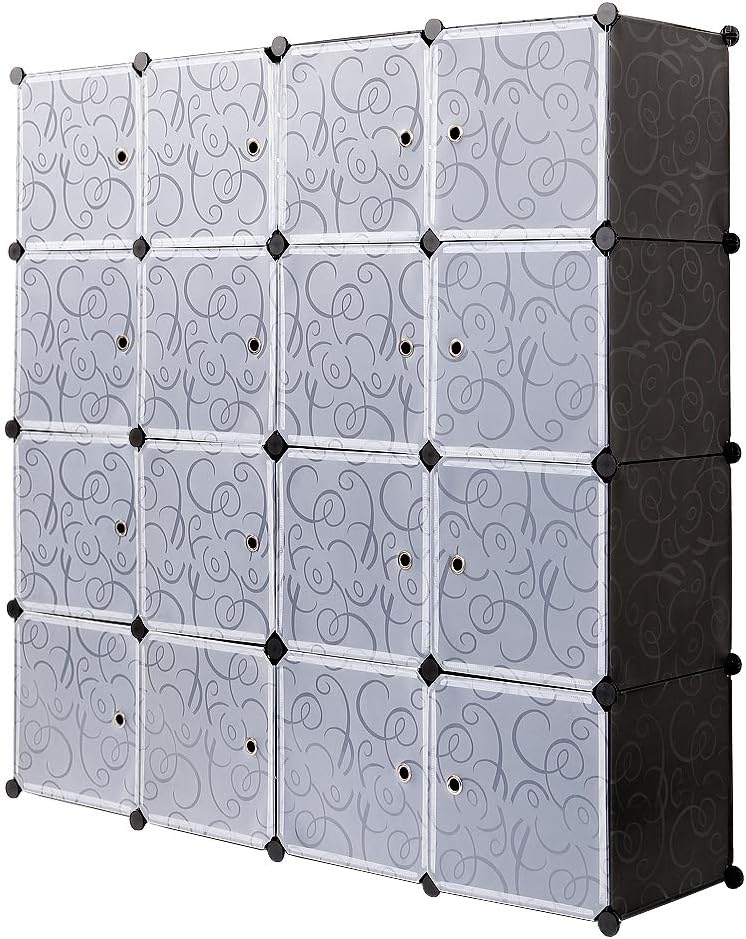 PONCTUEL ESCARGOT Plastic Wardrobe Interlocking Storage Cubes for clothes, Translucent Decorative Patterns, Elegant Black & White (16 cube)