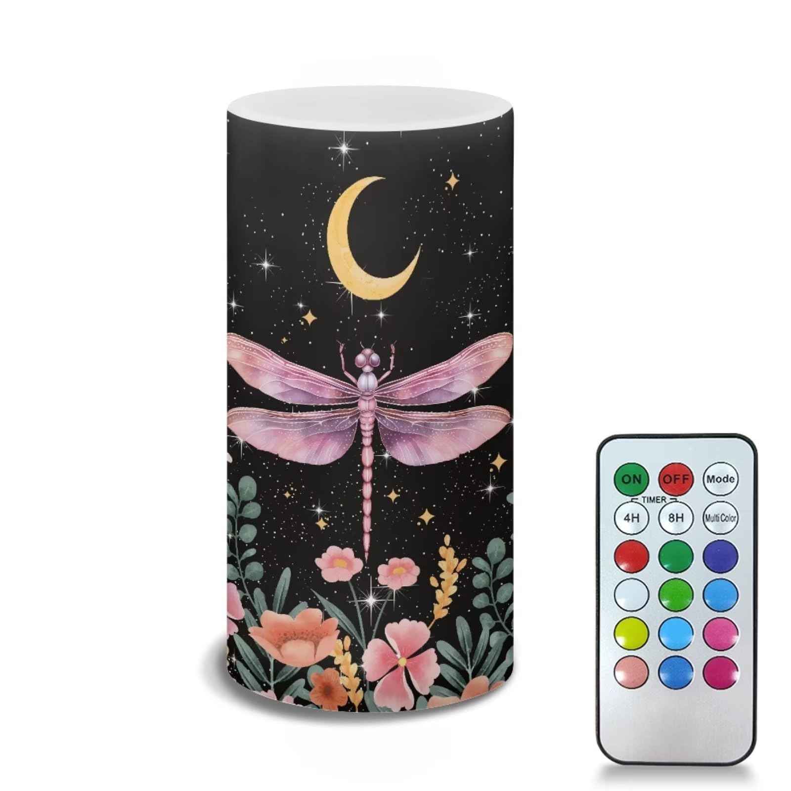 Poceacles Dragonfly Moon Floral Print Flameless Candles Battery Powered with Multicolor Timer Remote Control Everlasting Fake Candles for Party Garden Indoor Outdoor Decor