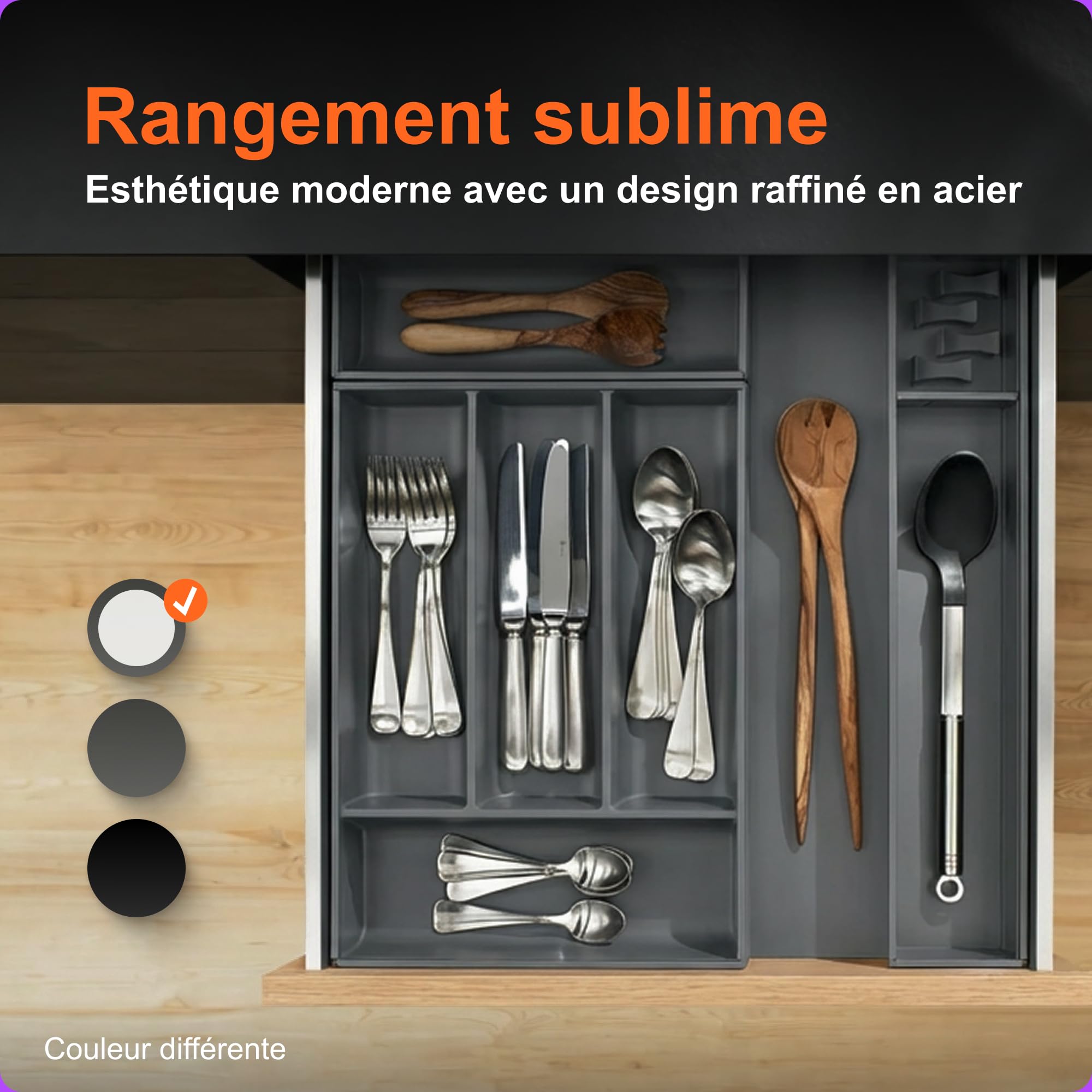 Blum AMBIA-LINE range-couverts Soft-Touch | organiseur de tiroir premium pour tiroir et meuble de cuisine modernes | protège, trie et range couverts et ustensiles | 42×30×5 cm | Gris/Blanc