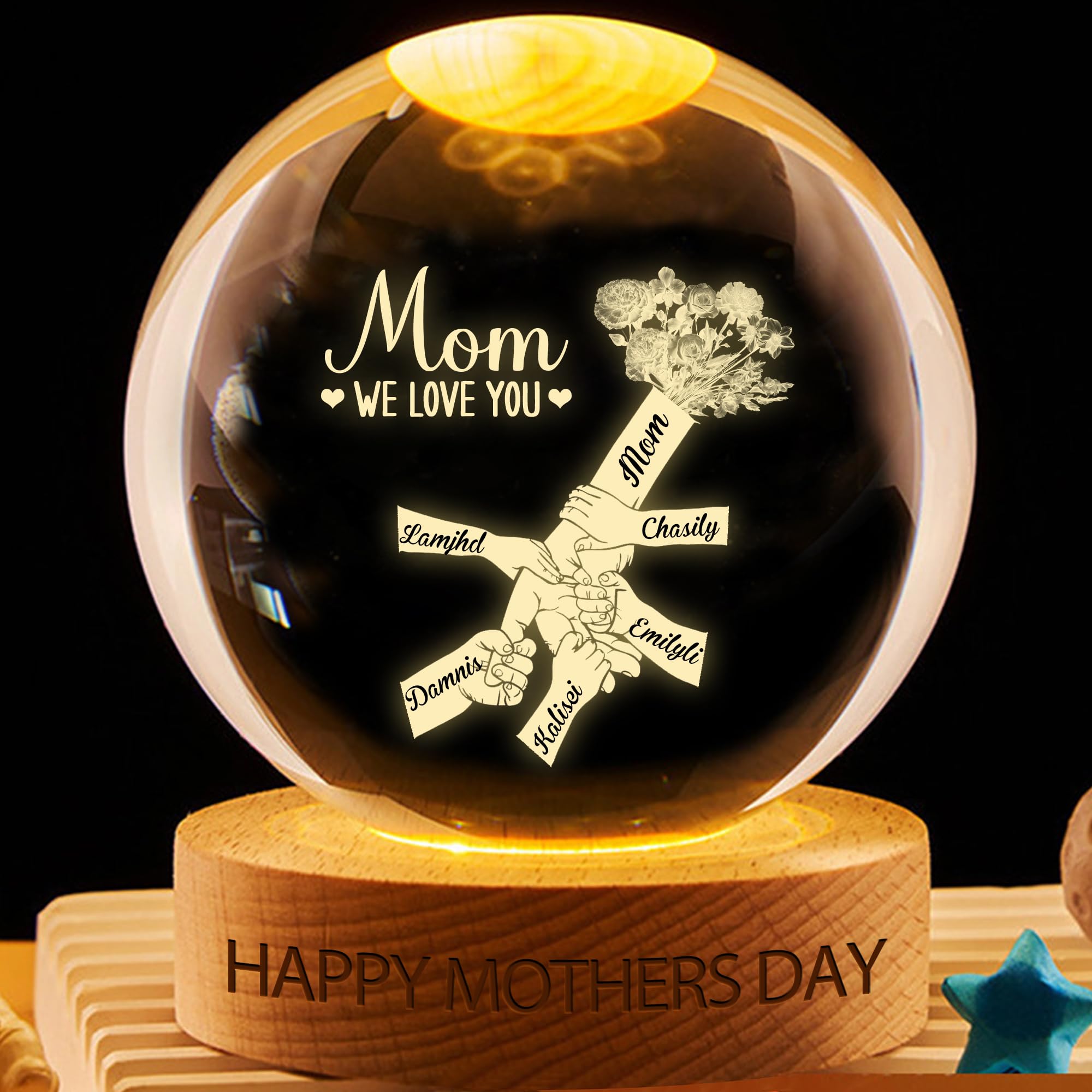 VWCSDSCS Personalized Mom We Love You Crystal Snow Globe Night Light – Custom Kids Names, 3D LED Lamp with Wooden Base, Bedroom Decor & Sentimental Gifts for Mom, Family, Birthdays, Christmas — image 1