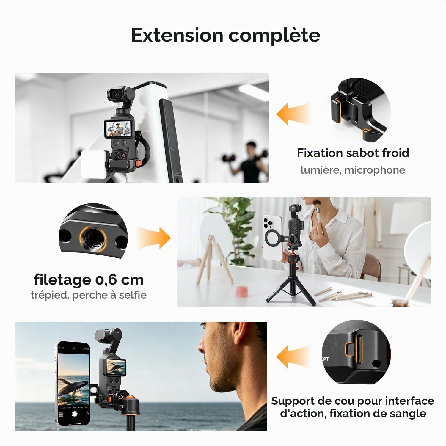 K&F CONCEPT Cadre d’Extension Magnétique Compatible DJI Osmo Pocket 4/4P/3 | En Aluminium, Réglable 3 Axes, Compatible Mag-Safe, Ports Complets, Stand Bureau, Anti-Rayure - PP62