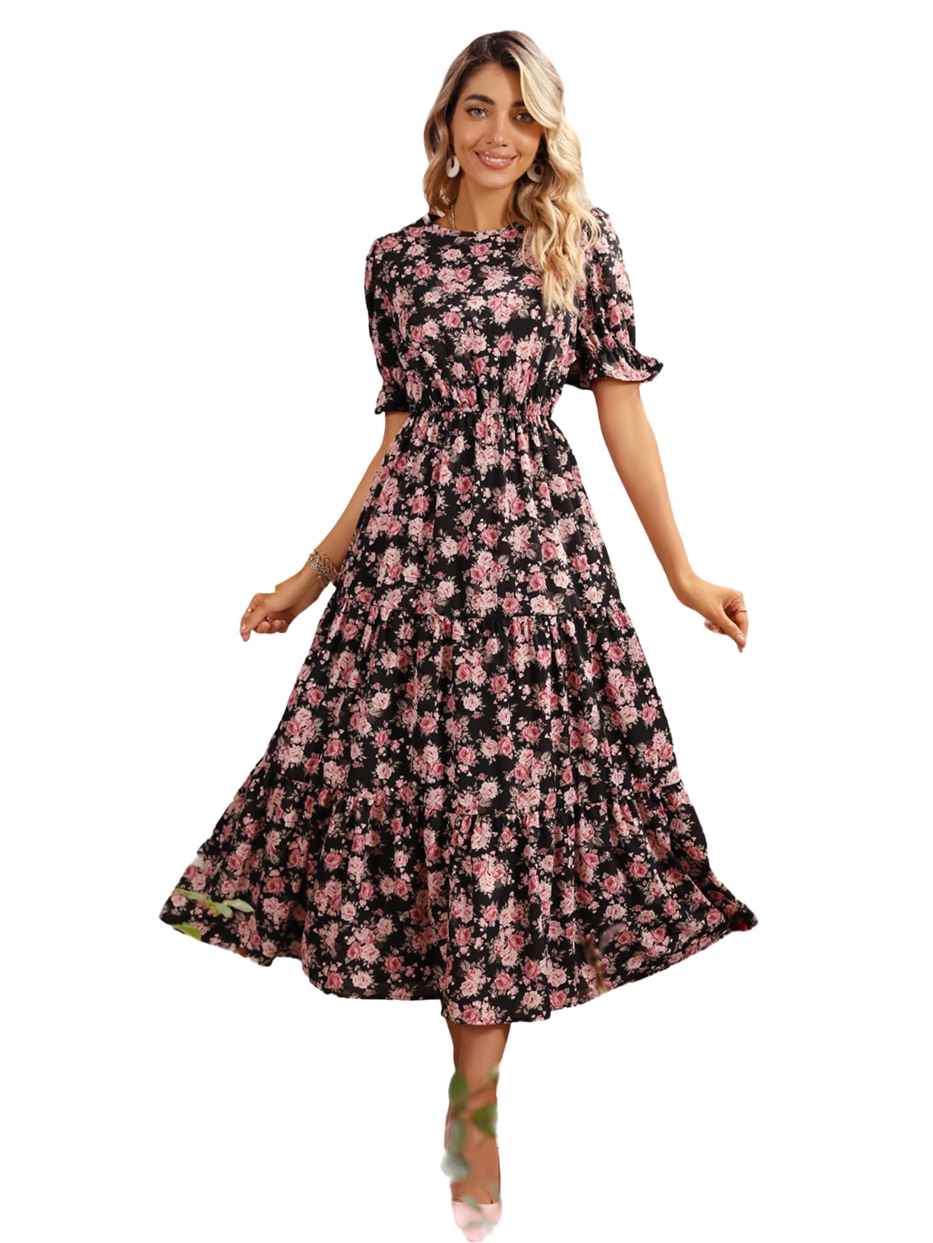 Kotty Women's Fit And Flare Round Neck Short Sleeve Dress(Multicoloured,L)