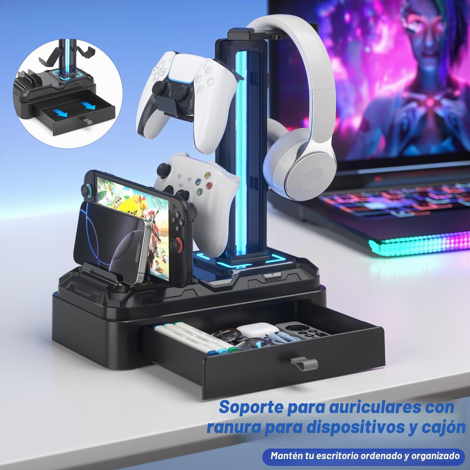 KDD Soporte Auriculares Gaming con Cargadores USB A Tip C, Soporte Cascos Gaming & Soporte Mandos PS5 Extraíble con Cajón para Móviles Tabletas para Escritorio Gamer Accesorios Gaming PC