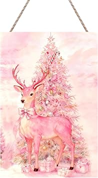 Dreamy Christmas Wall Decor 12x8in Wood Plaque - Pink Christmas Tree & Pink Deer Design for Kids Room Bedroom Fairy Tale Decor