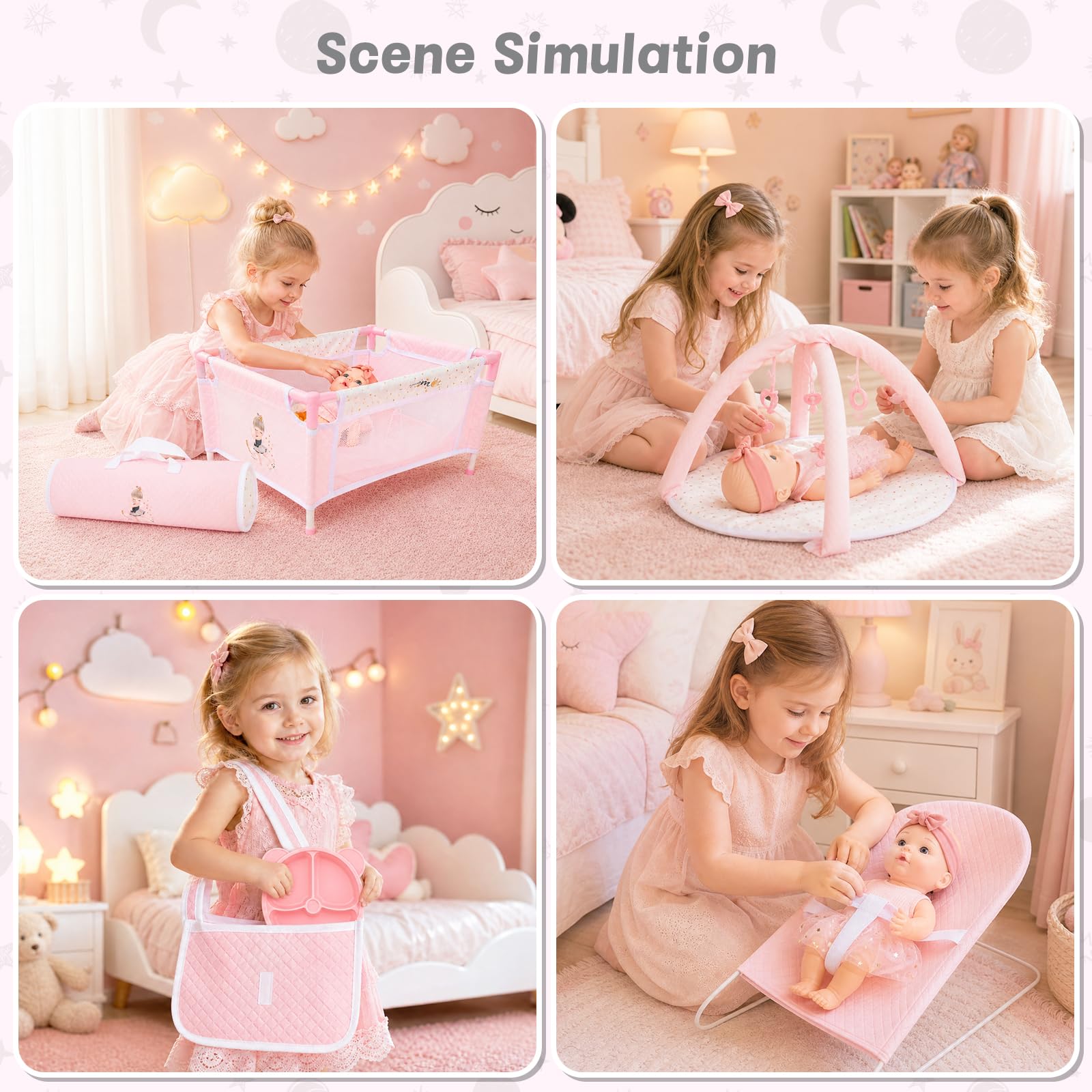 deAO 20 PCS Juego de Muñecas y Accesorios, Regalo para Niñas de 3 Años | Cochecitos, Cuna, Bolsos, 30CM Muñeca de Bebe, Arco de Juegos, Hamaca y Accesorios, Set de Juego con Muñecas de Rol Realista