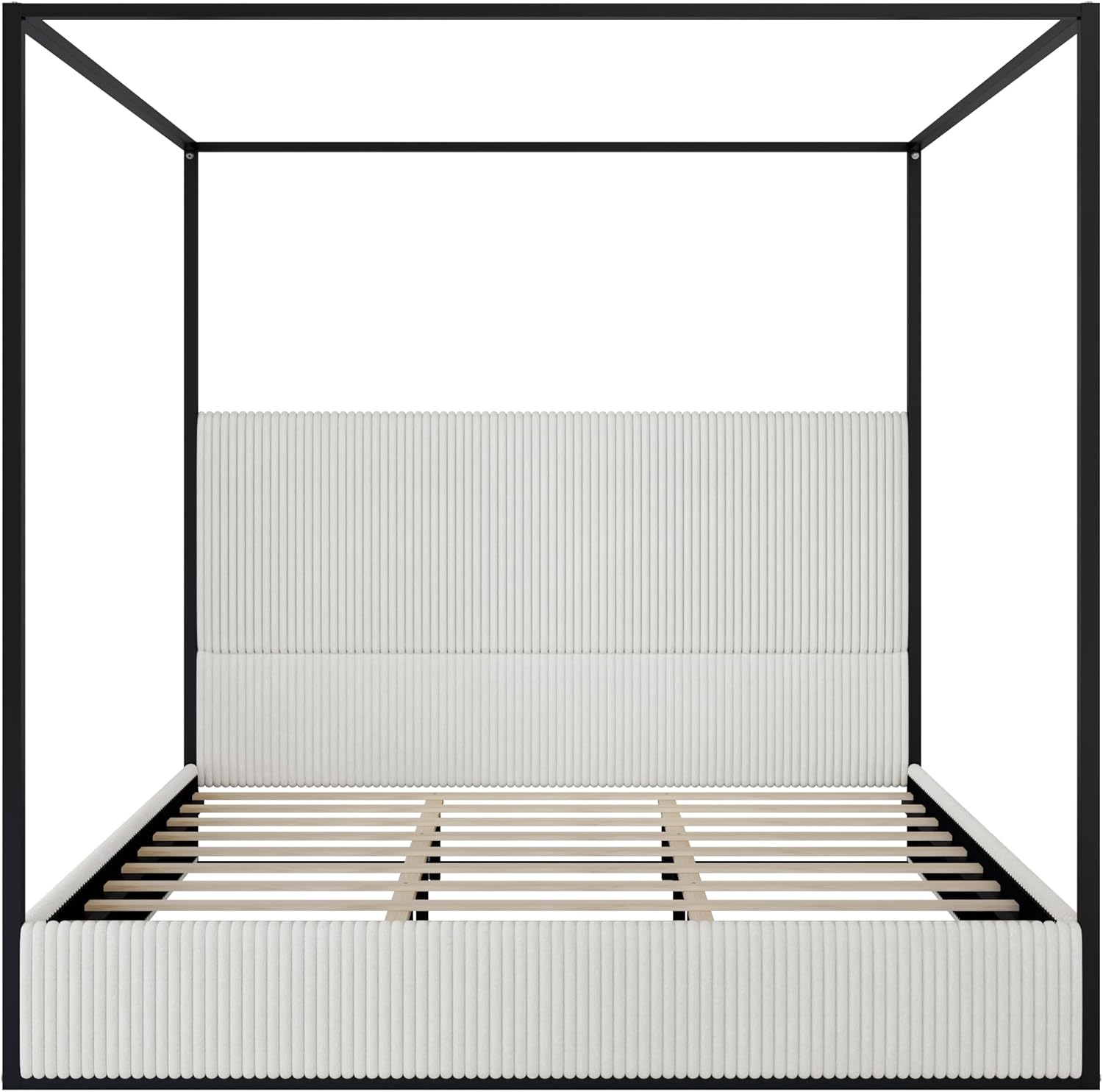 Metal Canopy Bed Frame Queen Size, Modern Four Posters Bed Frame with Tall Upholstered Headboard, No Box Spring Needed, Easy Assembly, White