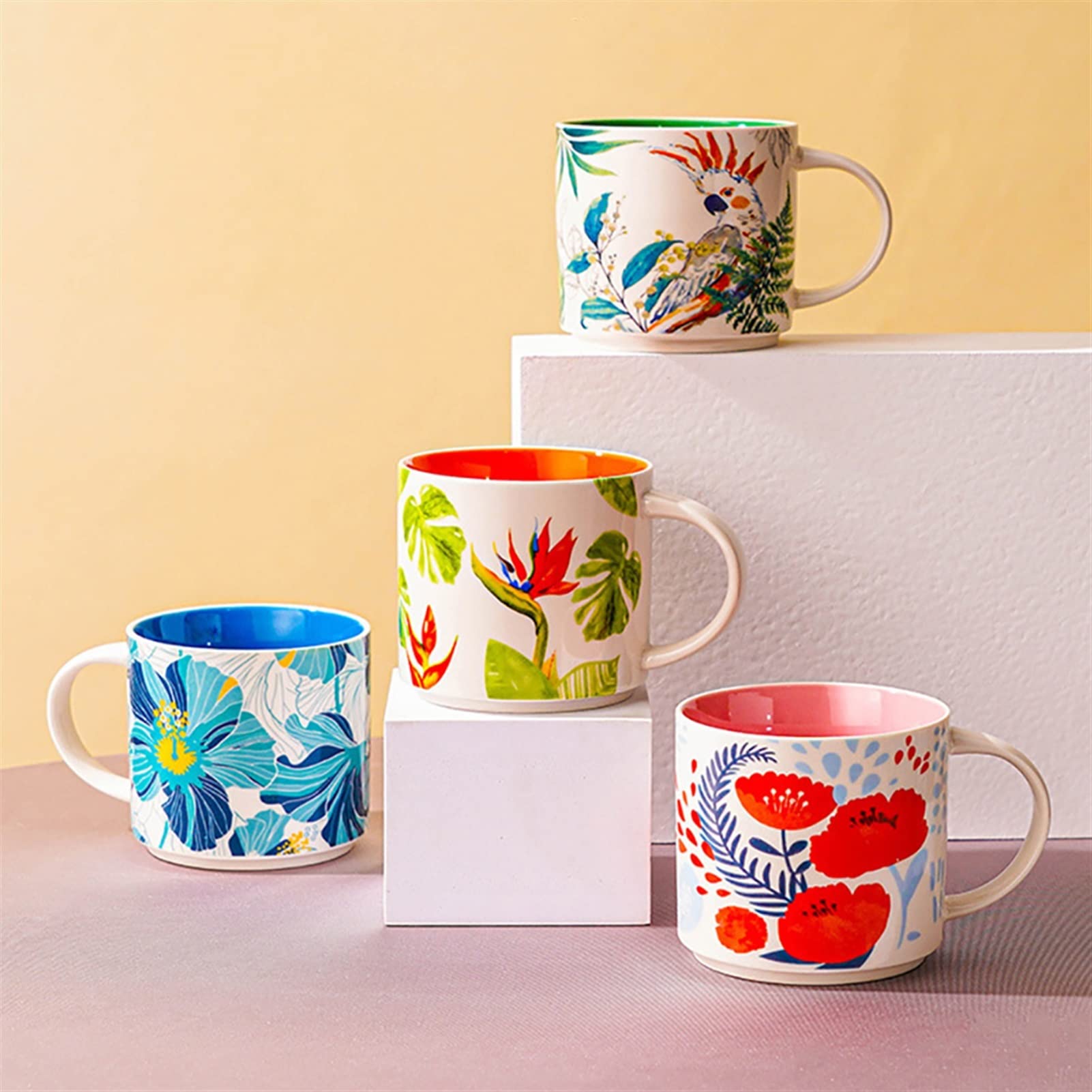Tasses à Café Tasse en céramique peinte à la main Chaîne de fleurs Tasse de petit déjeuner de lait de cuisson à café sous-allongée tasse de porcelaine, un bon cadeau for amis 450 ml Tasse à Thé ( Colo