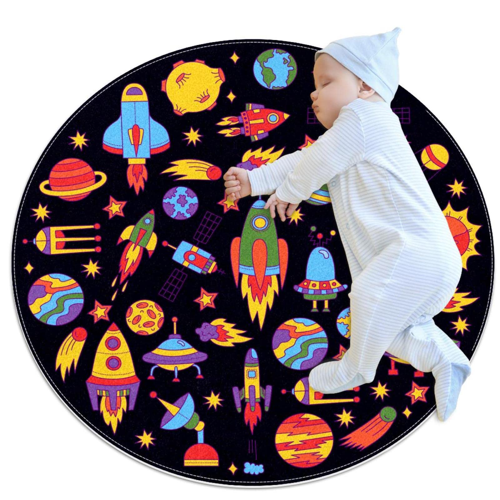 Tapis de jeu rond fusées et planètes pour enfants 80x80cm