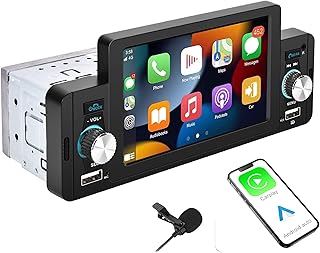 Single Din Car Stereo with Apple Carplay Android Auto, 5 Inch HD Touchscreen Radio Bluetooth FM, Mirror Link, Backup Camera Input, Remote Control, Fast Charging, USB Input, Car Audio