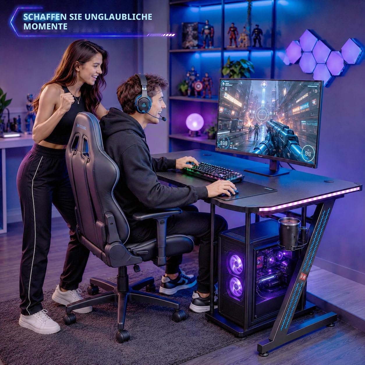 MY SIT Gaming Tisch Gizmo mit Farbwechsel LED Beleuchtung - Kopfhörerhalter PC-Halter und Getränkehalter - Leistungsstarkes Kabelmanagement - Gamer Schreibtisch Gaming Computertisch in Schwarz