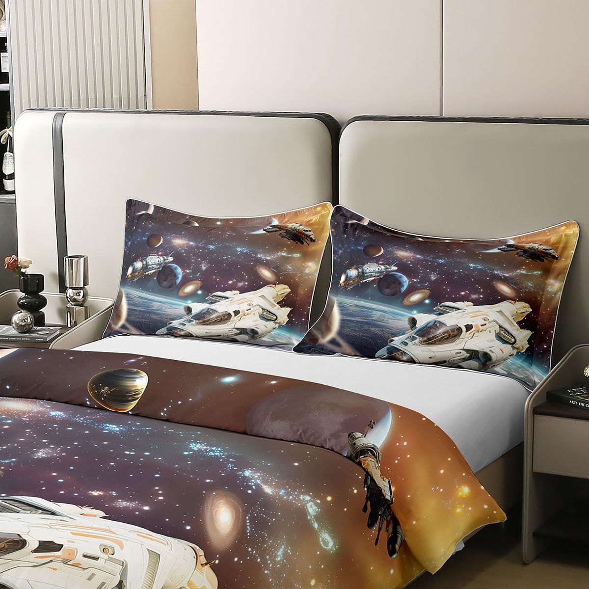 Erosebridal Earth 100% Organic Cotton Duvet Cover for Kids Man Woman,3D Galaxy Starry Sky Stars Comforter Cover,Cosmic Rocket Spacecraft Bedding Set,Glitter Universe Quilt Cover 3pcs Queen