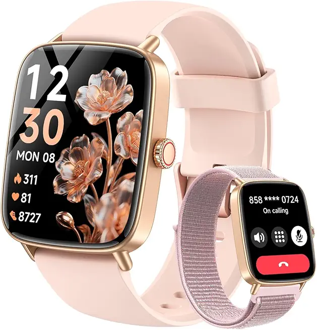 Gydom Smartwatch Damen mit Telefonfunktion 1.85" HD 2 Armbänder Fitnessuhr Fitness Tracker Herzfrequenz/SpO2/Schlaf/IP68 Wasserdicht Sportuhr Schrittzähler Uhr für Android iOS Rosa