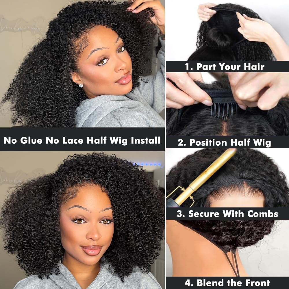 Half Wig Human Hair Perruque Bresilienne Cheveux Humain Wear and Go 3 In 1 Drawstring Perruque bandeau Femme Naturelle Brésilien Sans Colle Kinky Curly Wig 180% Density 20 Pouces