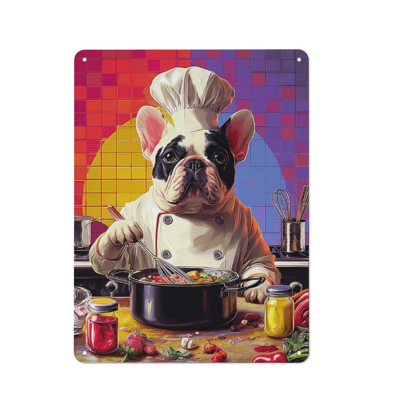 Junmoney Bulldog Chef Cooking -3 Tin Wall Plaque 40X30cm With For Home Office Or Studio, For Home Office Decor Fans