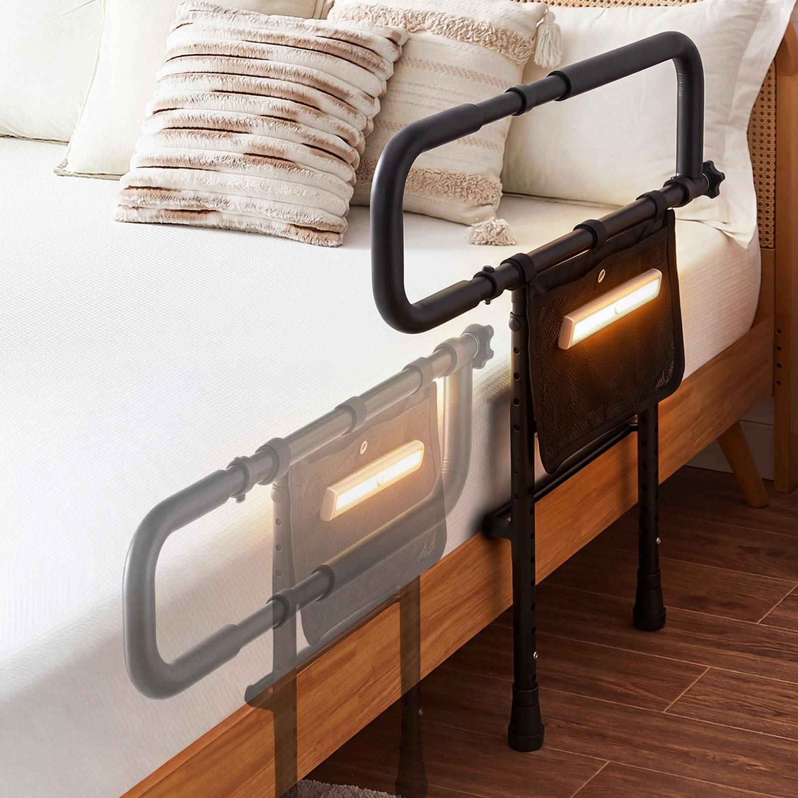 Sponda Letto Anziani Anticaduta, Sbarra di Sicurezza Regolabile 21 Altezze, Ausili per Alzarsi dal Letto con Luci a Sensore, Bras Rétractable, Capacità 136 kg, per Disabili e Anziani