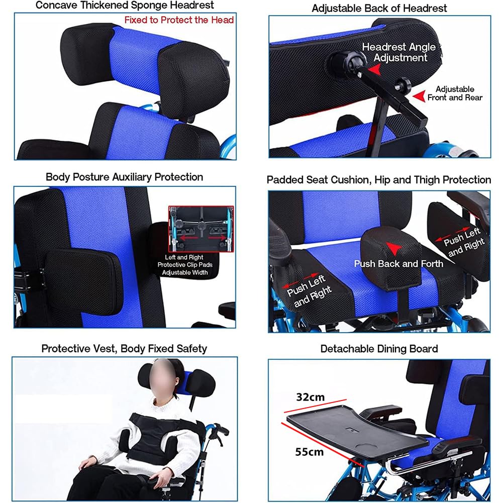 Sedia A Rotelle Mobile Per Paralisi Cerebrale,Sedia A Rotelle Da Trasporto Completamente Reclinabile in Lega Alluminio Medicale,Carrello Di Guida Ergonomico,Child+awning