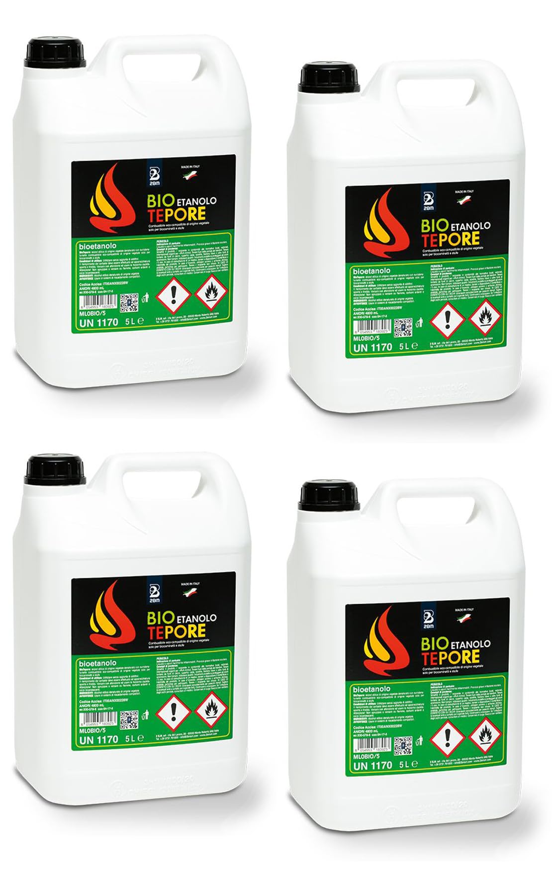 Bioetanolo 20LT Combustibile per Camini, Biocaminetti e Stufe Tepore 2BM | Bio Etanolo Inodore, Alcool Etilico di Origine Vegetale, Eco Compatibile, Pulito, Liquido | Cartone 4 Taniche 5 Litri