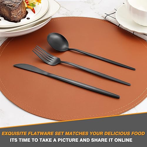 Miniatura 5 de Oliviola Juego de 5 utensilios de servir negro mate, juego de cubiertos de acero inoxidable que incluye cuchara, tenedor, cuchillo de mantequilla y