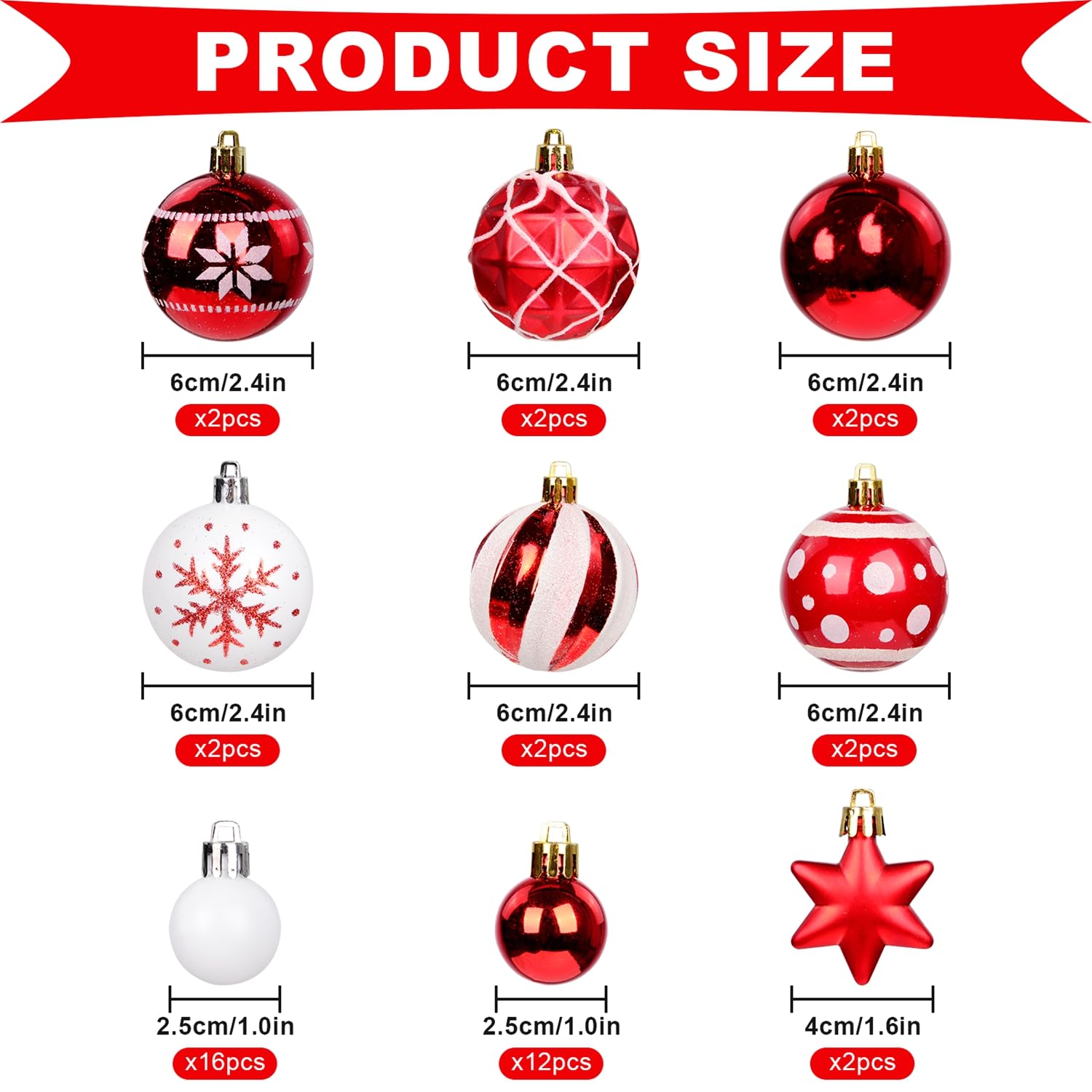 KEYIDO Christmas Tree Baubles, 42 Pack Red and White Christmas Tree Ornaments Set, Shatterproof Plastic Christmas Balls for Christmas Trees, Wreaths, Xmas Party Decorations - Image 4
