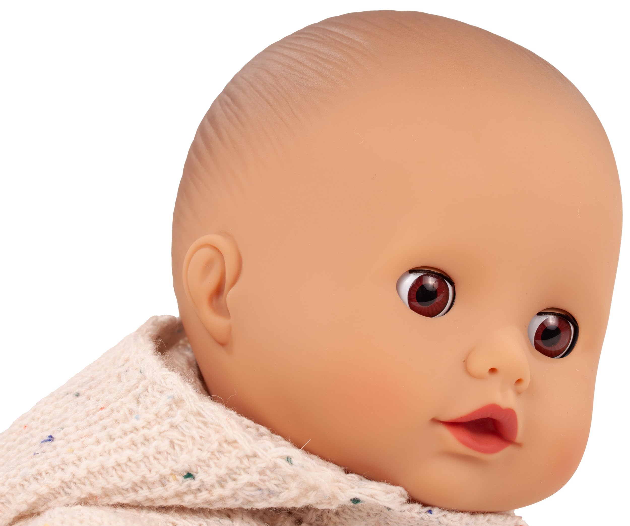 Götz 2520564 Muffin Baby Alles Strick Puppe 33 cm Babypuppe | braune Schlafaugen, 5-tlg, ohne Haare, Weichkörper, für Kinder ab 18 Monaten, waschbar, mit Schnuller, Strickmütze und Outfit